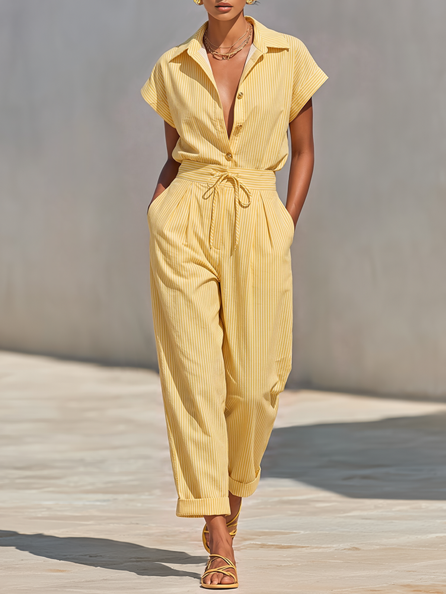 Co-Ord Donna a Righe Verticali Texturizzate Giallo Limone con Blusa a Bottone Frontale e Pantaloni Tapered con Tasche Laterali, Outfit Casual da Spiaggia Elegante MDZ2203F4LYL
