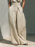 Set di Blusa Senza Maniche e Pantaloni a Gamba Larga in Cotone e Lino Minimalista da Donna MDZ0873A5Y