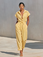 Co-Ord Donna a Righe Verticali Texturizzate Giallo Limone con Blusa a Bottone Frontale e Pantaloni Tapered con Tasche Laterali, Outfit Casual da Spiaggia Elegante MDZ2203F4LYL