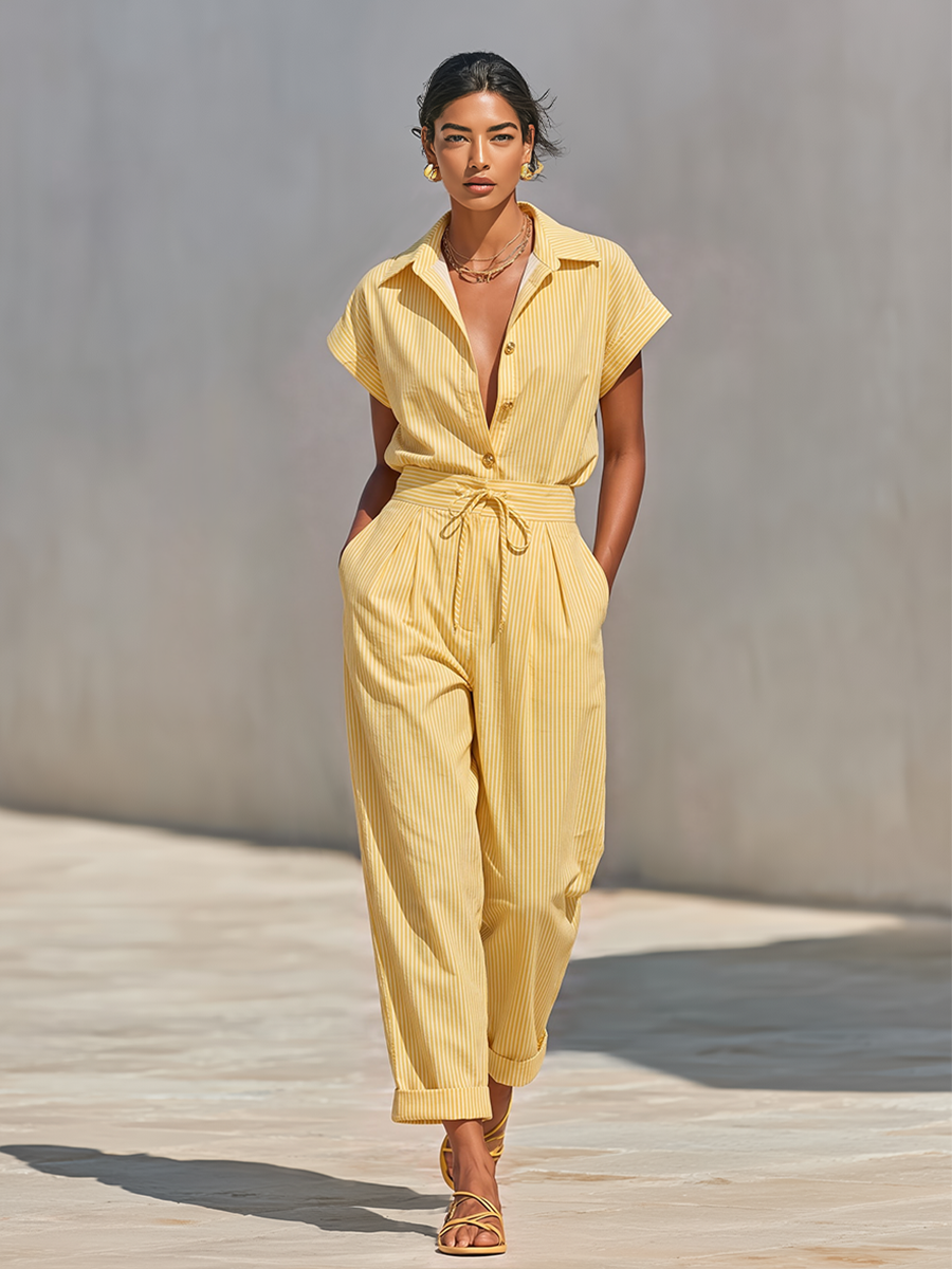 Co-Ord Donna a Righe Verticali Texturizzate Giallo Limone con Blusa a Bottone Frontale e Pantaloni Tapered con Tasche Laterali, Outfit Casual da Spiaggia Elegante MDZ2203F4LYL