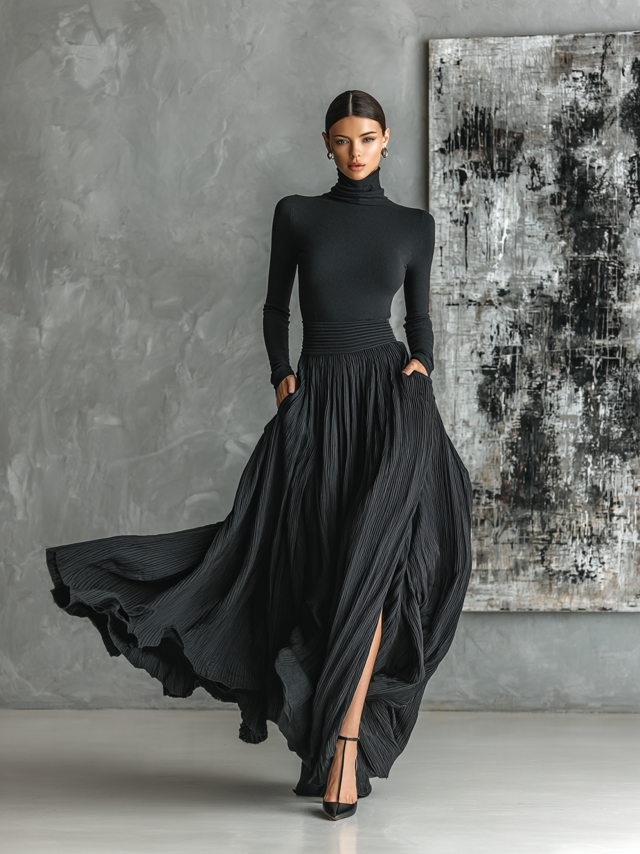 Set Gonna Plissettata e T-shirt a Maniche Lunghe Nera per Donna MDA1366H1Y