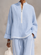 Set Top Oversized e Pantaloni a Gamba Larga in Lino Blu Chiaro da Donna MDZ1594G5ZRK