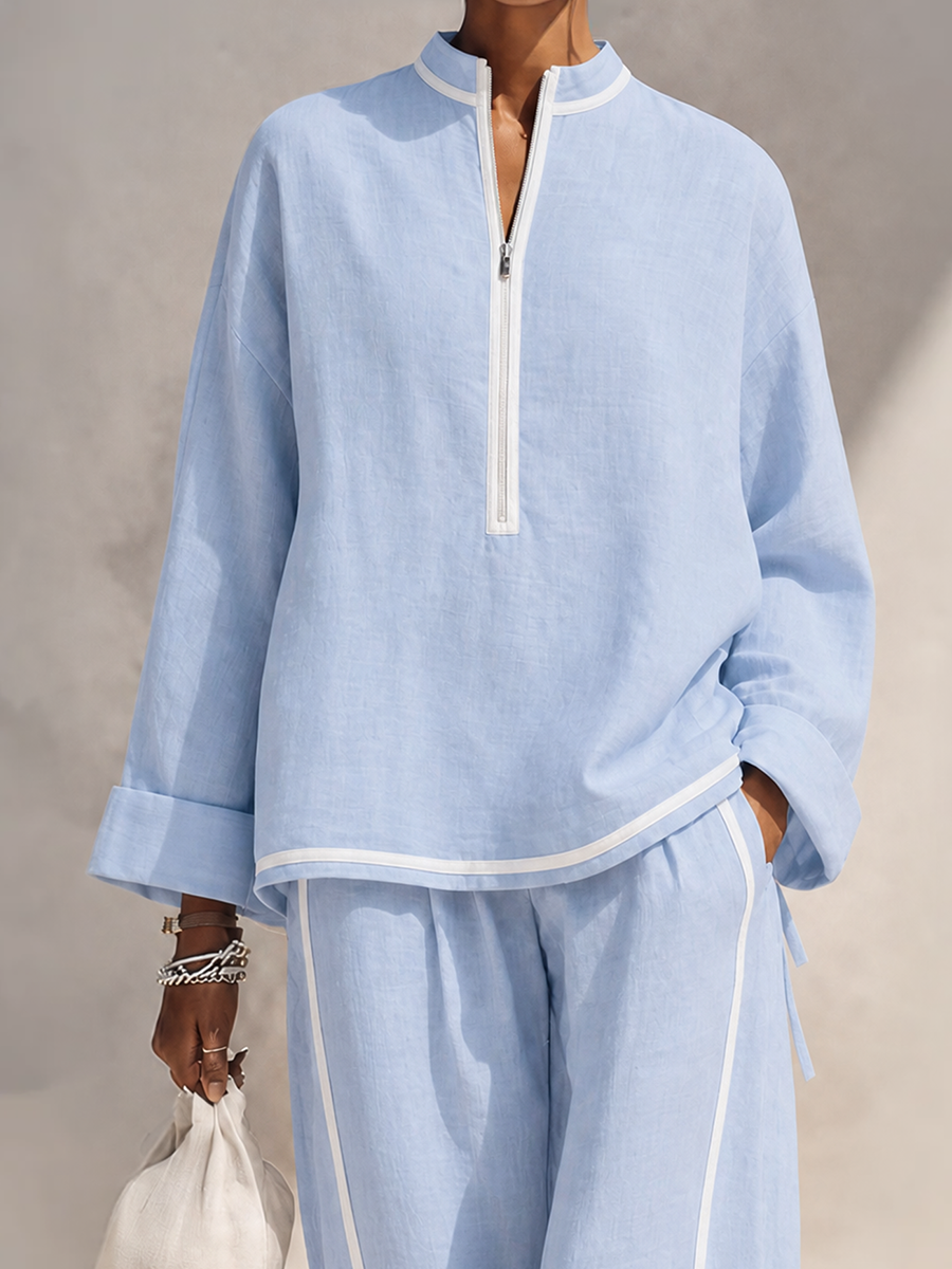 Set Top Oversized e Pantaloni a Gamba Larga in Lino Blu Chiaro da Donna MDZ1594G5ZRK