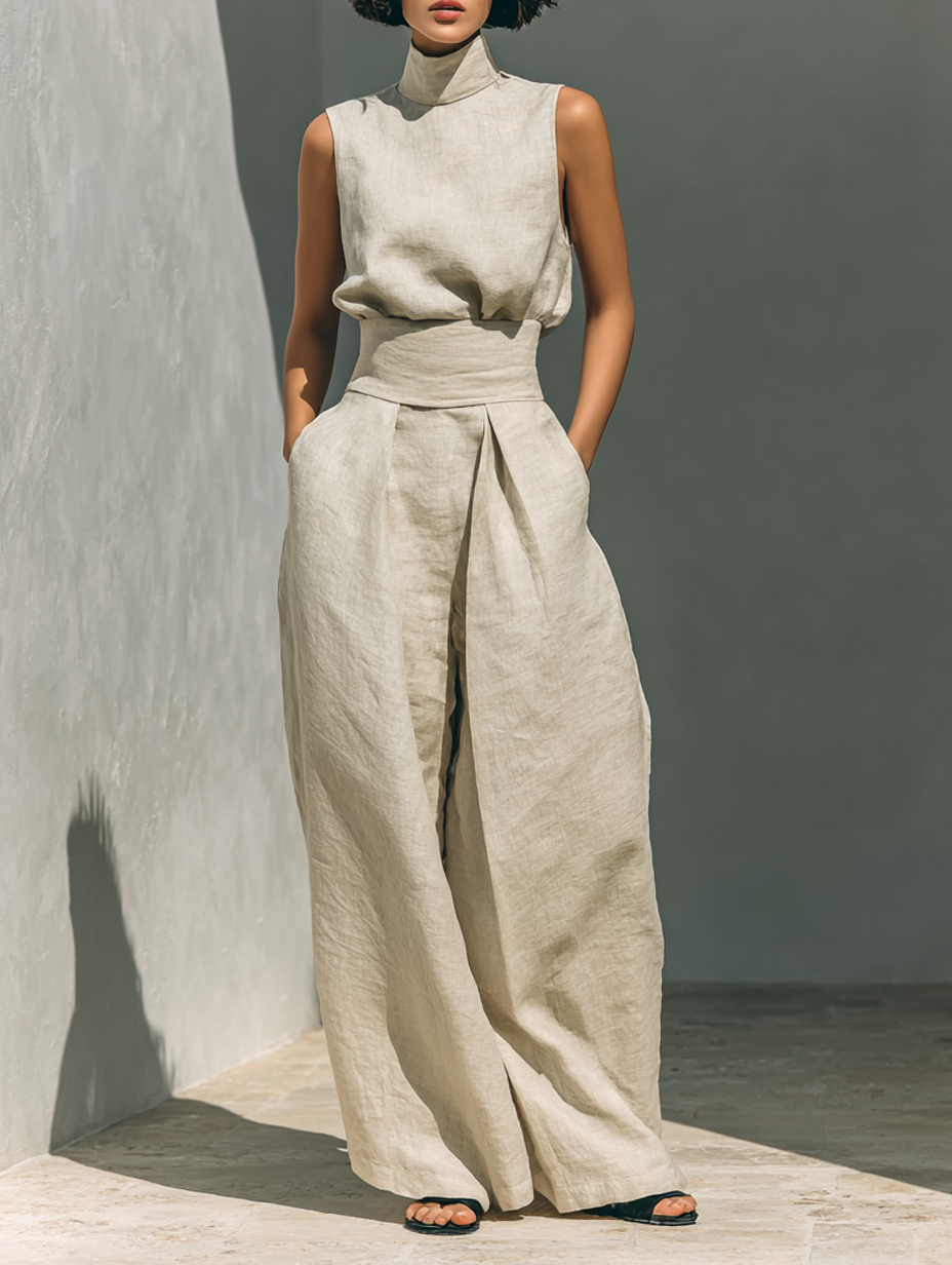Set di Blusa Senza Maniche e Pantaloni a Gamba Larga in Cotone e Lino Minimalista da Donna MDZ0873A5Y