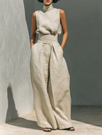 Set di Blusa Senza Maniche e Pantaloni a Gamba Larga in Cotone e Lino Minimalista da Donna MDZ0873A5Y