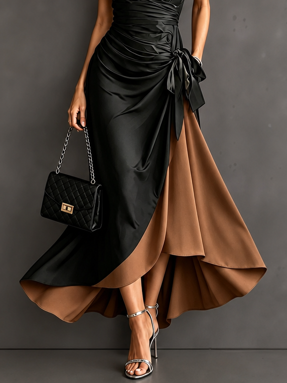 Abito Maxi Elegante da Donna con Collo a Camicia, Maniche Corte, Vita con Fiocco e Orlo Irregolare