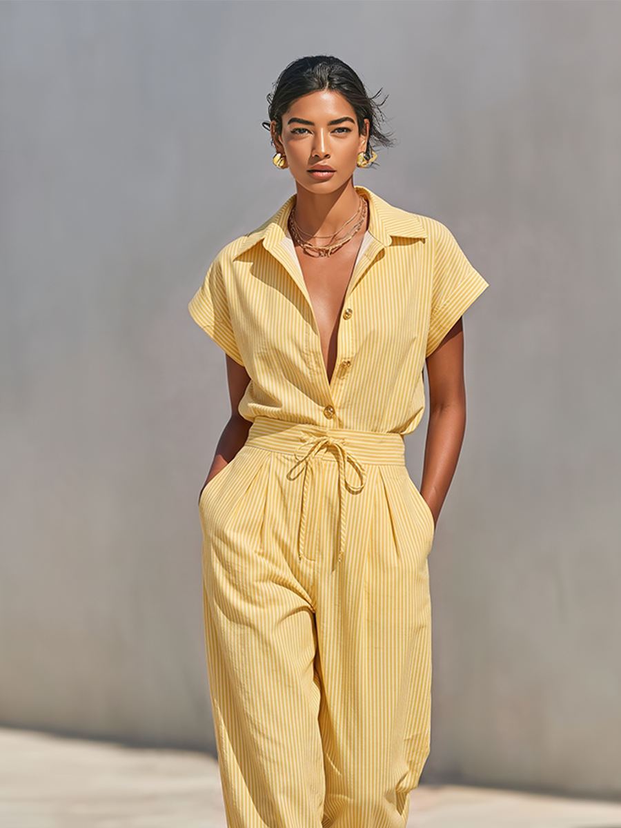 Co-Ord Donna a Righe Verticali Texturizzate Giallo Limone con Blusa a Bottone Frontale e Pantaloni Tapered con Tasche Laterali, Outfit Casual da Spiaggia Elegante MDZ2203F4LYL