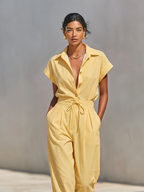 Co-Ord Donna a Righe Verticali Texturizzate Giallo Limone con Blusa a Bottone Frontale e Pantaloni Tapered con Tasche Laterali, Outfit Casual da Spiaggia Elegante MDZ2203F4LYL