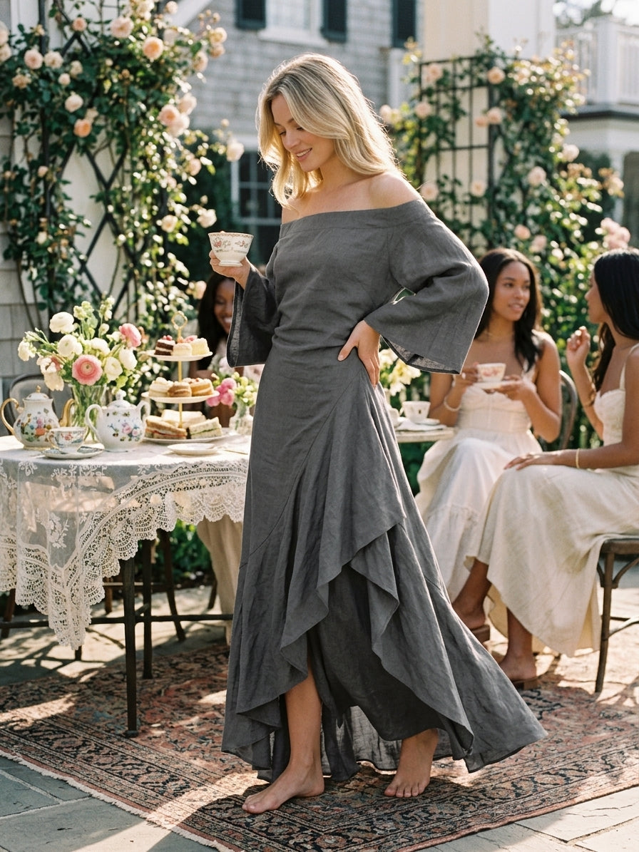 Aura | Abito Maxi Minimalista Donna Off-Shoulder Con Orlo Ruffle E Maniche Svasate