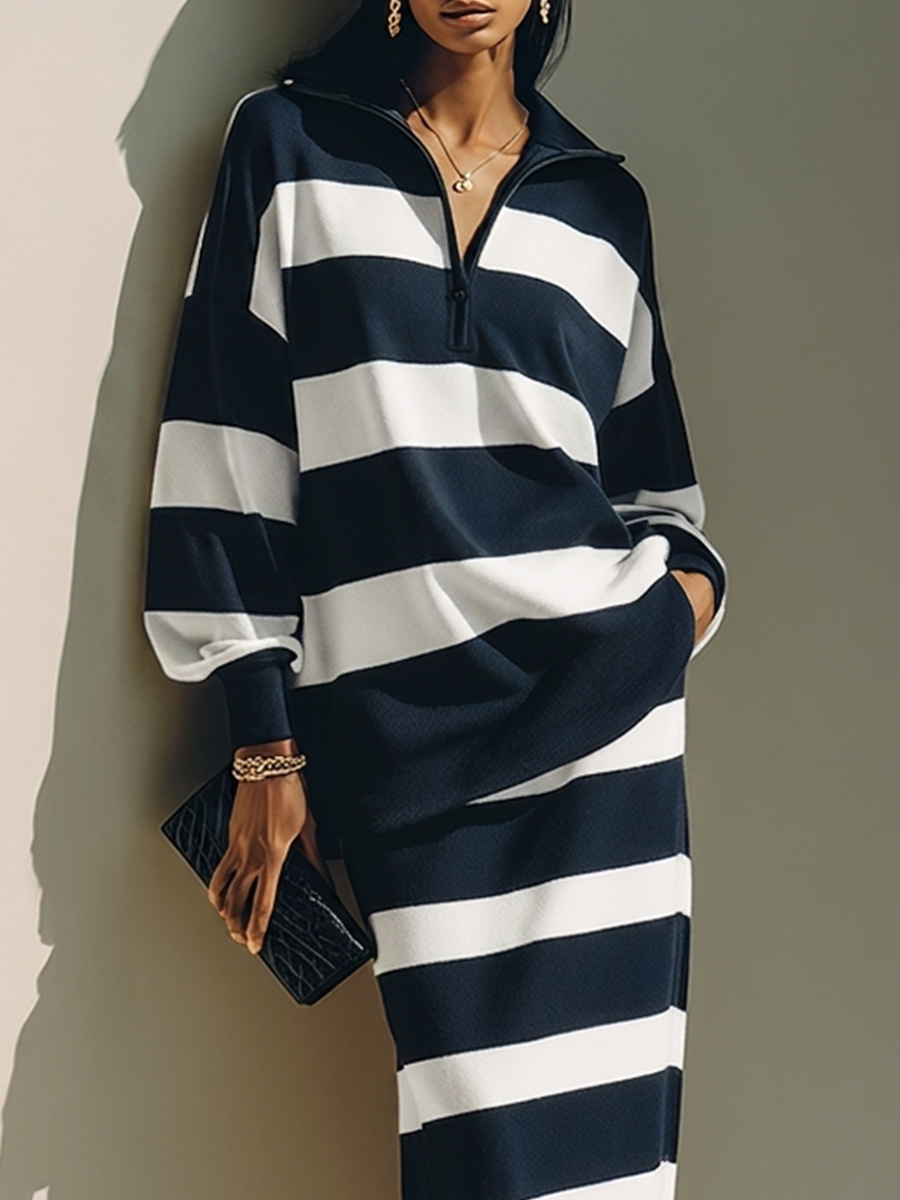 Set di due pezzi: Top in misto cotone a righe con blocchi di colore e gonna midi con zip a metà MDZ2903G5ZRK