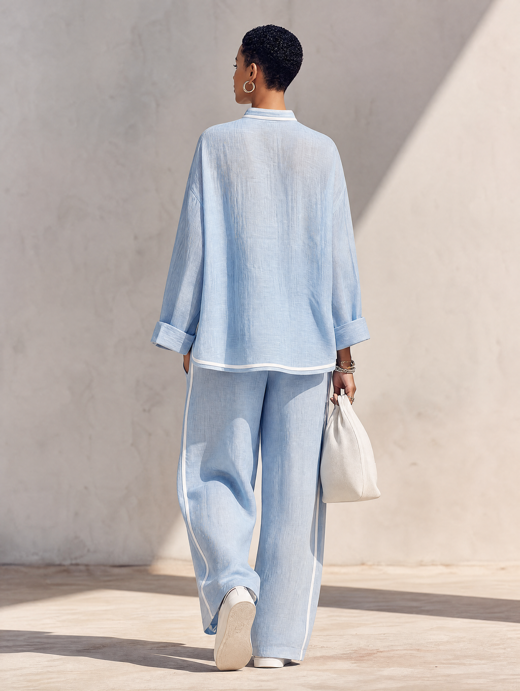 Set Top Oversized e Pantaloni a Gamba Larga in Lino Blu Chiaro da Donna MDZ1594G5ZRK