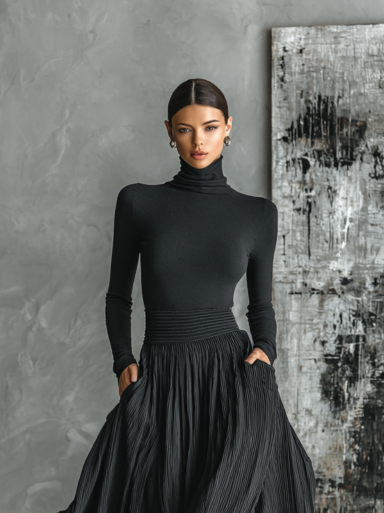 Set Gonna Plissettata e T-shirt a Maniche Lunghe Nera per Donna MDA1366H1Y