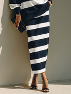 Set di due pezzi: Top in misto cotone a righe con blocchi di colore e gonna midi con zip a metà MDZ2903G5ZRK