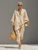 Set Donna in Lino Neutro con Orlo Asimmetrico e Design Minimalista, Set Stile Casual-Sofisticato Quotidiano MDZ0501B3I