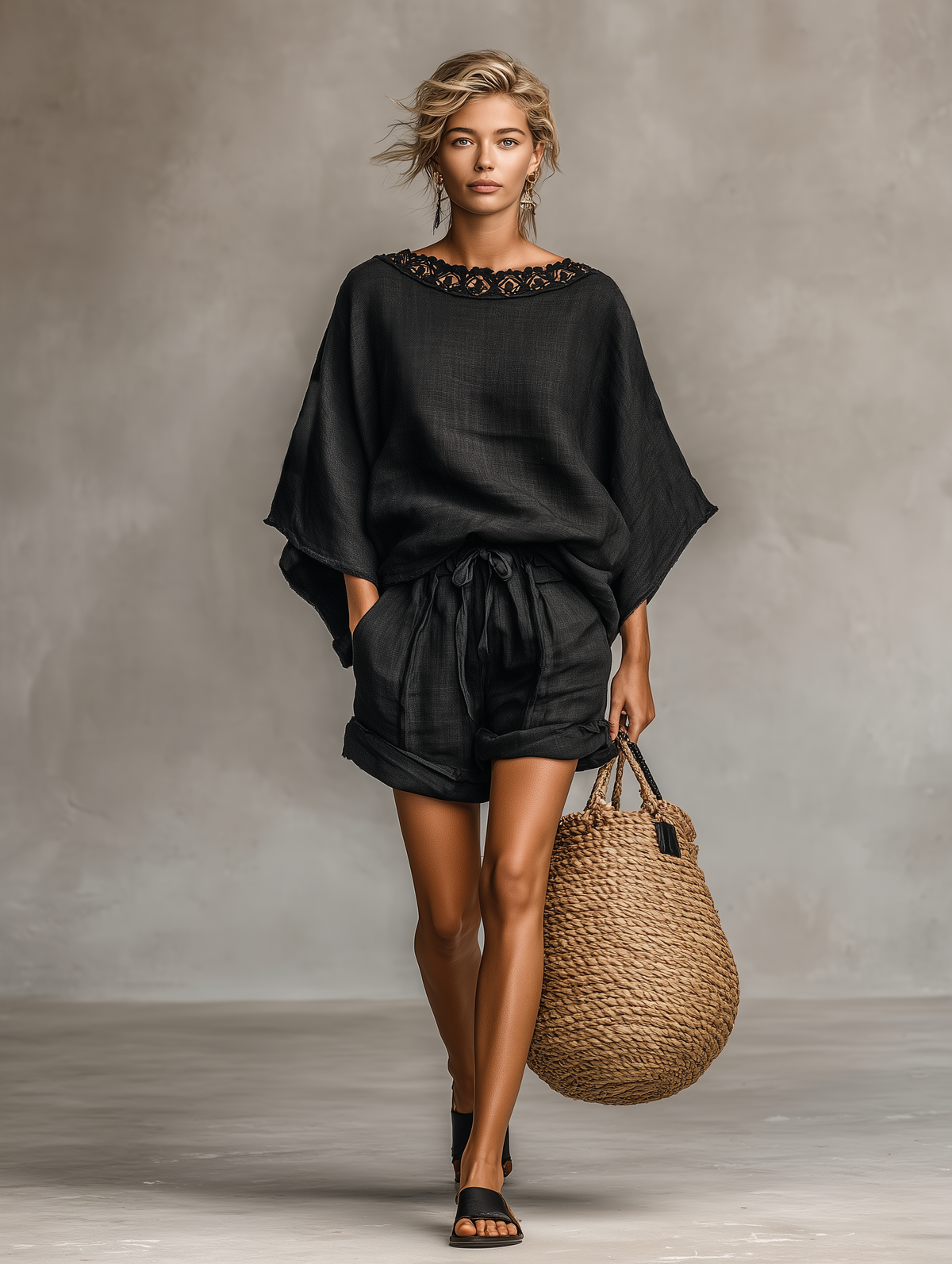 Set Blusa e Pantaloni Corti in Lino Minimalista con Collo a Barca e Pizzo per Donna MDZ1635A9Y