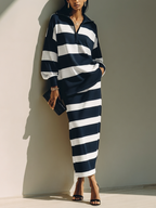 Set di due pezzi: Top in misto cotone a righe con blocchi di colore e gonna midi con zip a metà MDZ2903G5ZRK