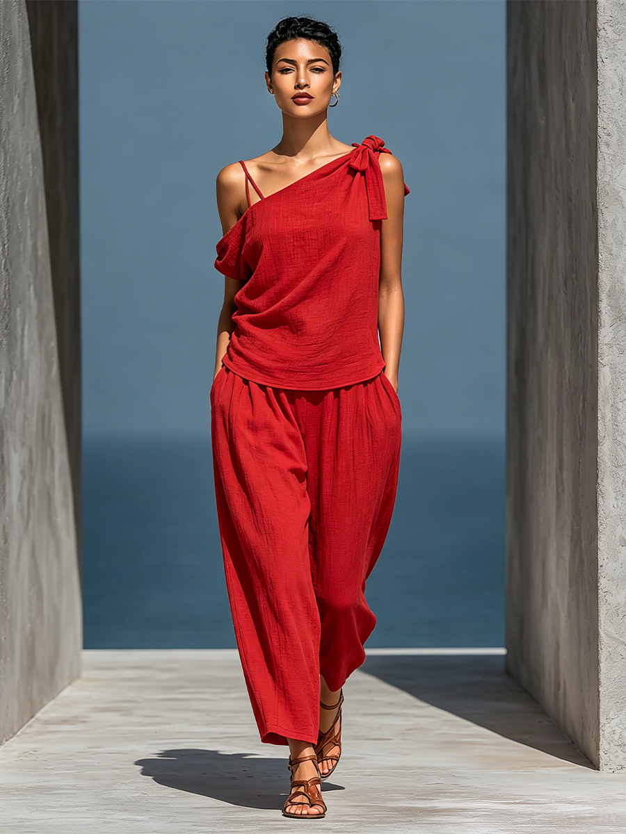 Set Due Pezzi Rosso da Donna: Top Asimmetrico a Spalla Scoperta (Senza Sciarpa) & Pantaloni a Gamba Larga con Tasche MDZ2201D4T