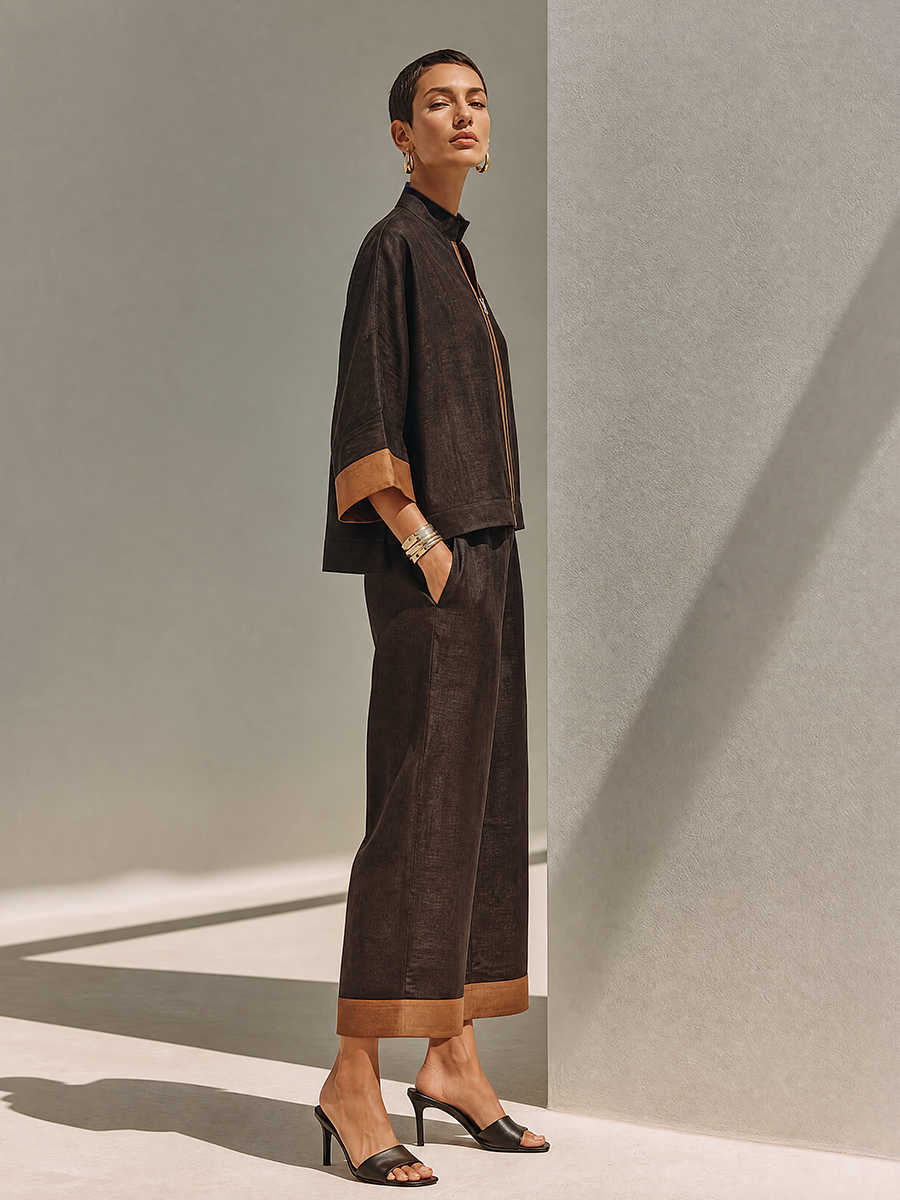 Set Top Corto e Pantaloni a Gamba Larga in Lino Marrone Scuro per Donna MDZ1459G3ZRK