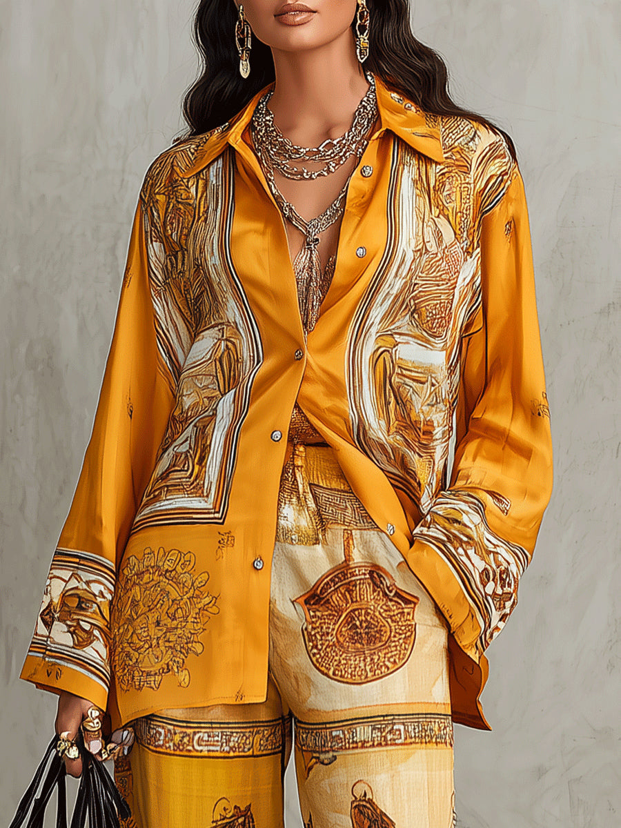 Monia | Set di Due Pezzi: Camicia a Maniche Lunghe con Stampa Barocca Arancione e Pantaloni a Gamba Larga
