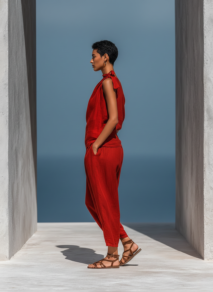 Set Due Pezzi Rosso da Donna: Top Asimmetrico a Spalla Scoperta (Senza Sciarpa) & Pantaloni a Gamba Larga con Tasche MDZ2201D4T