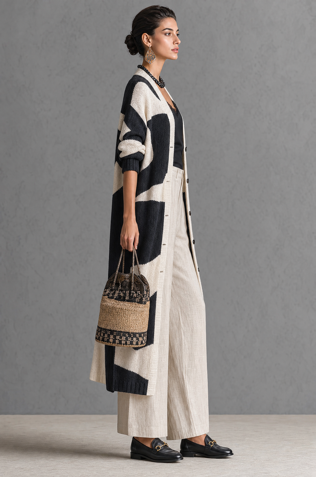 Benedetta | Cardigan Lungo in Maglia Bicolore, Nero e Crema