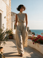 Set di Blusa Senza Maniche e Pantaloni a Gamba Larga in Cotone e Lino Minimalista da Donna MDZ0873A5Y