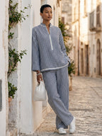 Set Top Oversized e Pantaloni a Gamba Larga in Lino Blu Chiaro da Donna MDZ1594G5ZRK
