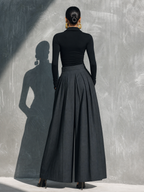 Set Casual Donna 2 Pezzi Top Nero in Maglia Stretch a Maniche Lunghe e Pantaloni Grigi Scuri a Gamba Larga MDZ2470G8LXY