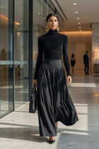 Set Casual Donna 2 Pezzi Top Nero in Maglia Stretch a Maniche Lunghe e Pantaloni Grigi Scuri a Gamba Larga MDZ2470G8LXY