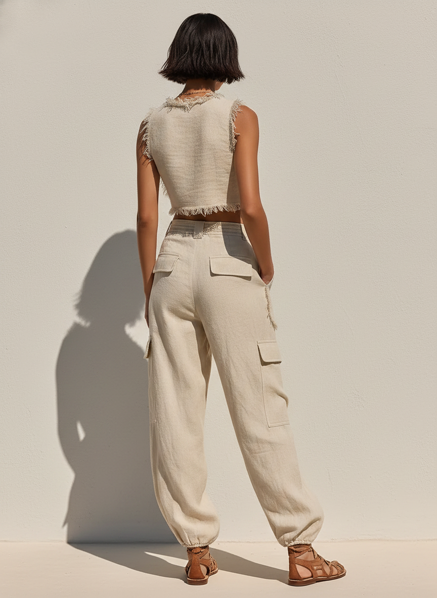 Set Due Pezzi in Lino Beige da Donna con Top Corto Frangiato e Joggers Cargo, Outfit Estivo Casual Senza Tempo MDZ2979E8LYL