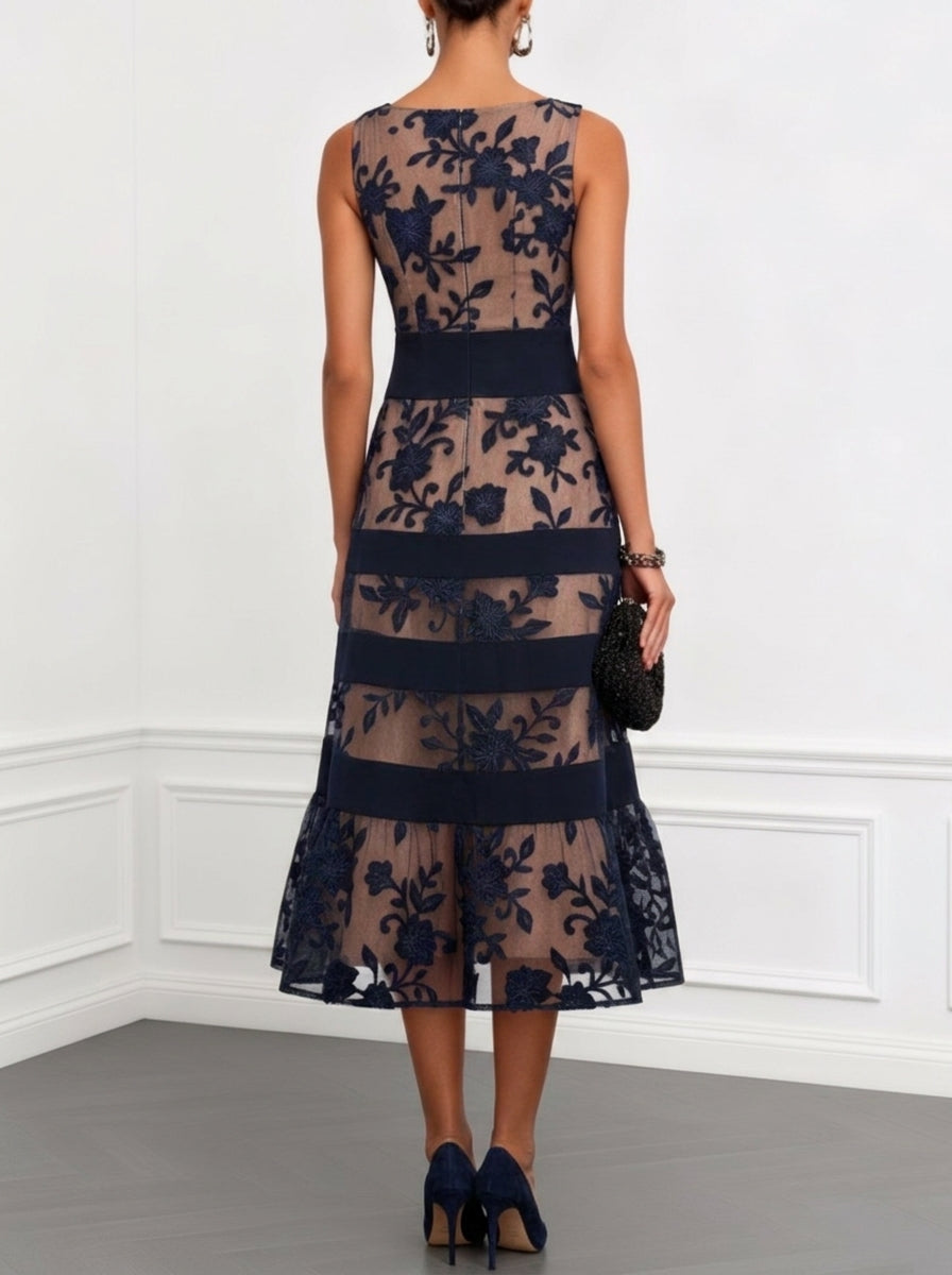 Vestito Midi Svasato Senza Maniche a Fiori in Rete Blu navy