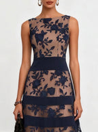 Vestito Midi Svasato Senza Maniche a Fiori in Rete Blu navy