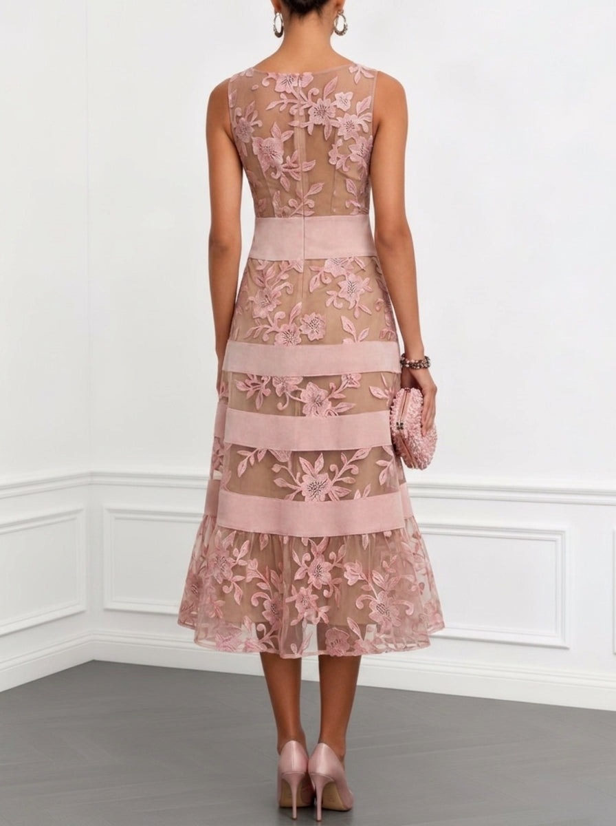 Vestito Midi Svasato Senza Maniche a Fiori in Rete Rosa