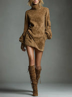 Miniabito vintage in camoscio con collo alto