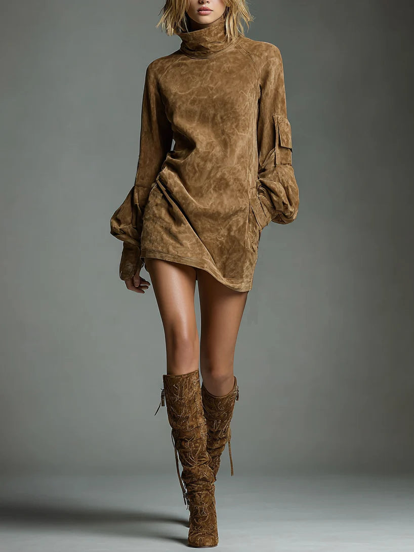 Miniabito vintage in camoscio con collo alto