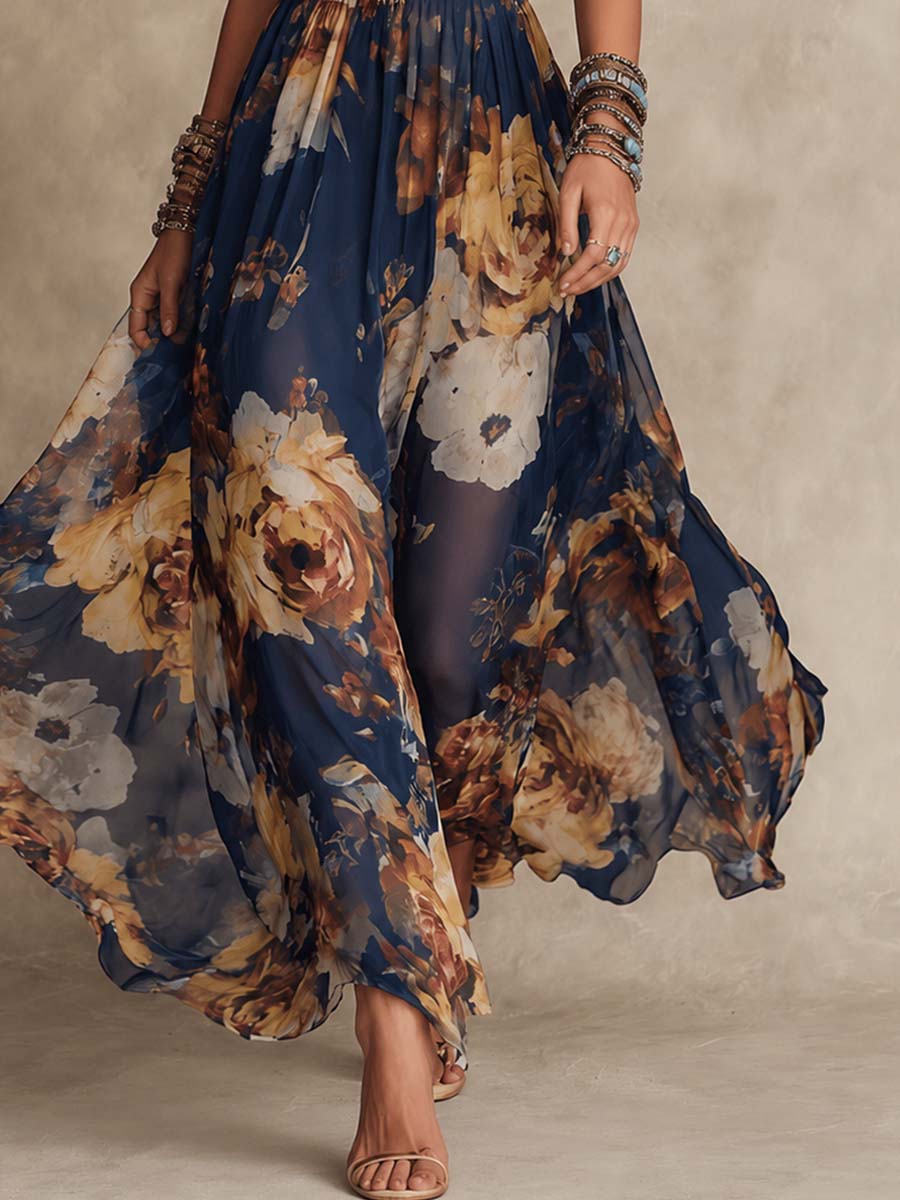 Yrsa – Maxidress blu marino con motivo floreale