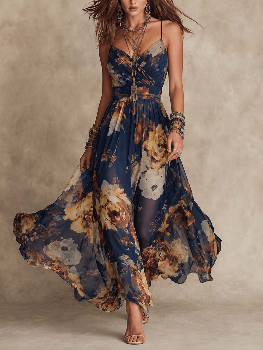 Yrsa – Maxidress blu marino con motivo floreale