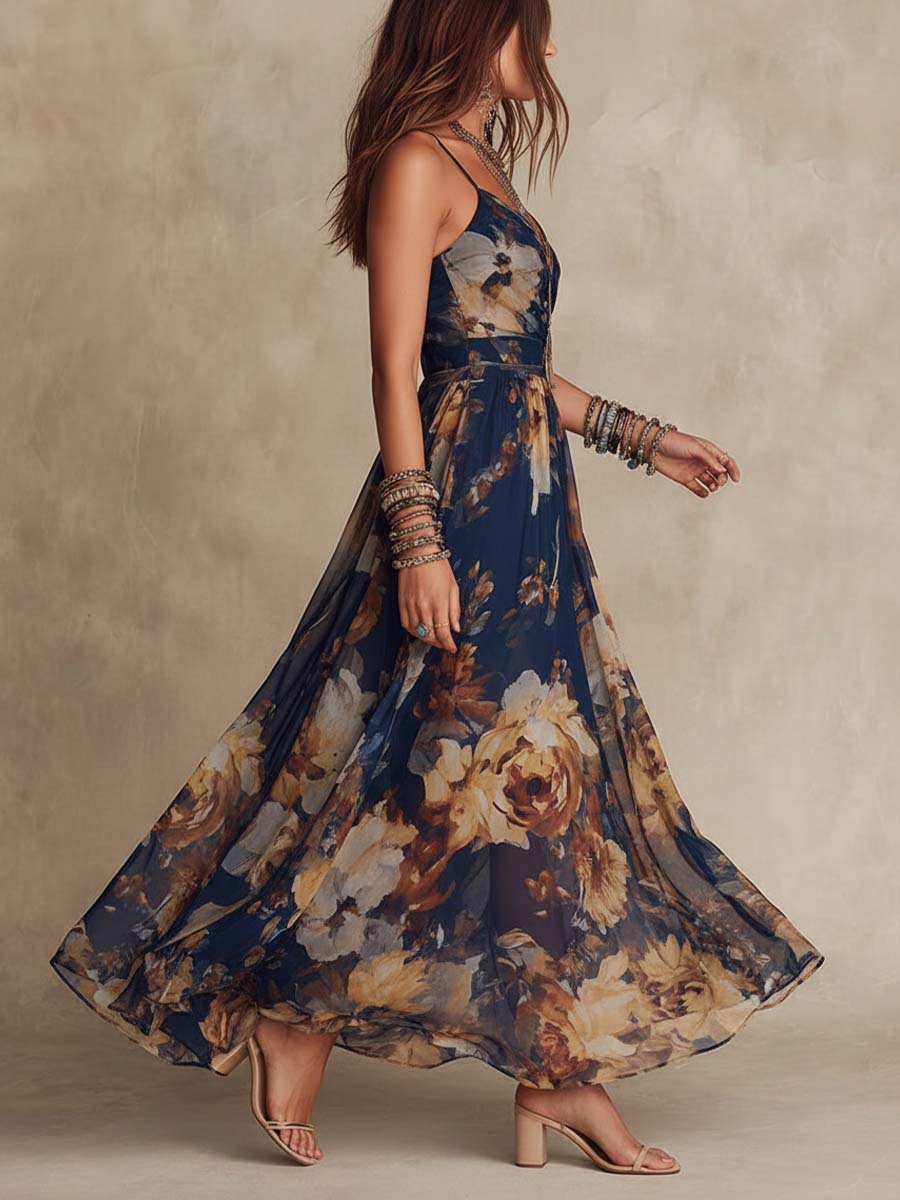 Yrsa – Maxidress blu marino con motivo floreale