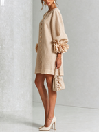 Camilla | Mini Abito in Misto Lino con Polsini a Rosa, Bianco