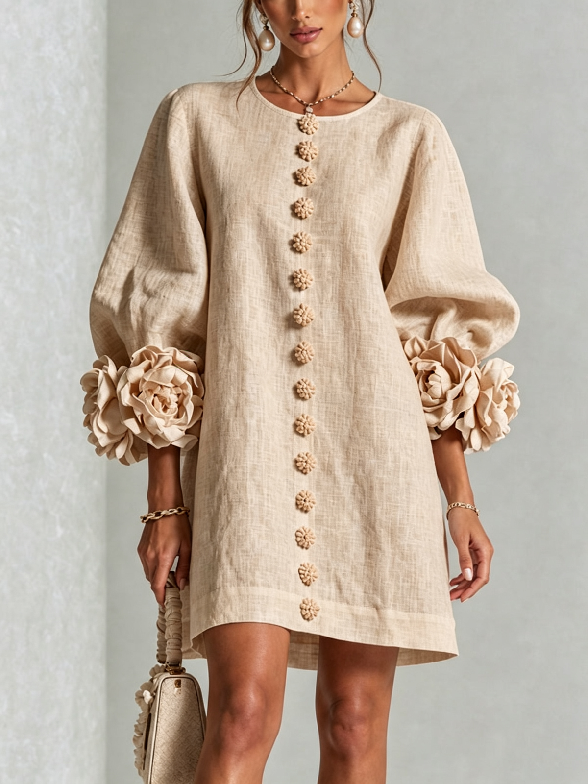 Camilla | Abito Mini in Misto Lino con Polsini a Rosa, Bianco