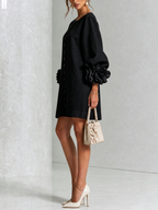 Cecilia | Abito Mini in Misto Lino con Polsini a Rosa, Nero