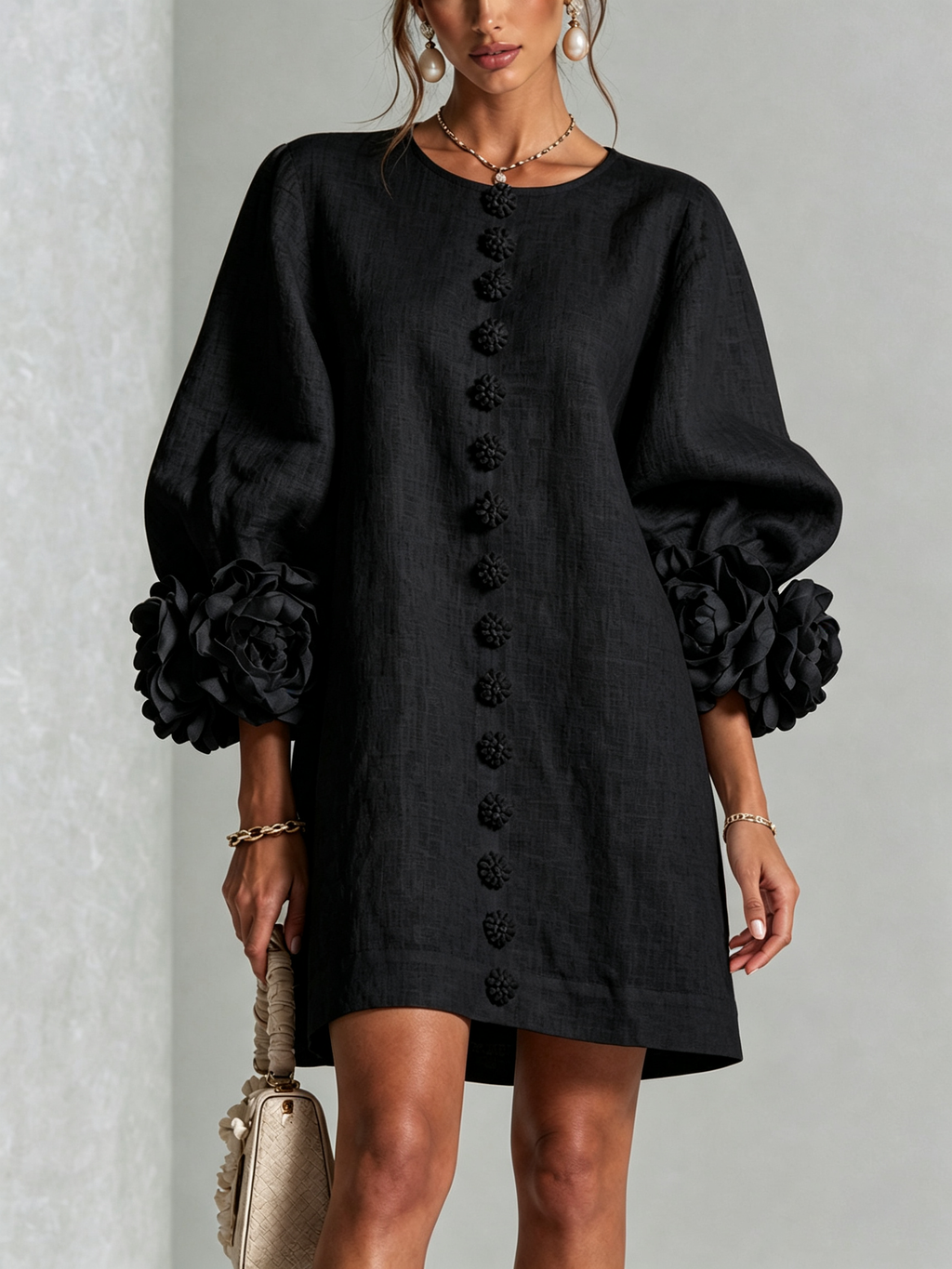 Cecilia | Abito Mini in Misto Lino con Polsini a Rosa, Nero
