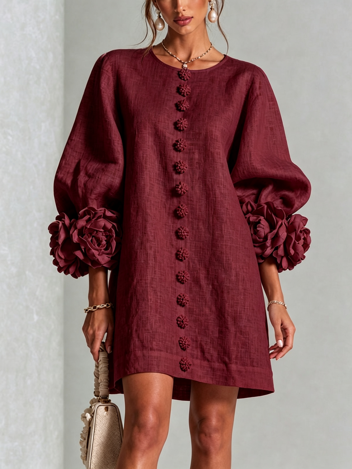 Camilla | Abito Mini in Misto Lino con Polsini a Rosa, Bianco
