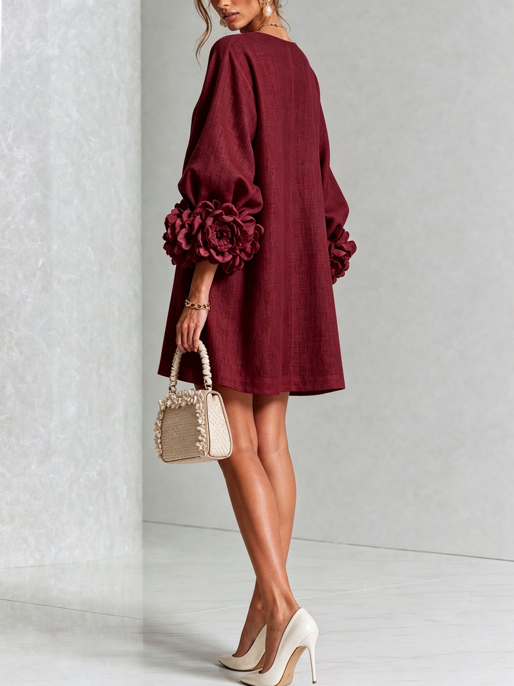 Ilaria | Abito Mini in Misto Lino con Polsini a Rosa, Bordeaux