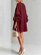 Ilaria | Abito Mini in Misto Lino con Polsini a Rosa, Bordeaux