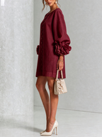 Camilla | Mini Abito in Misto Lino con Polsini a Rosa, Bianco