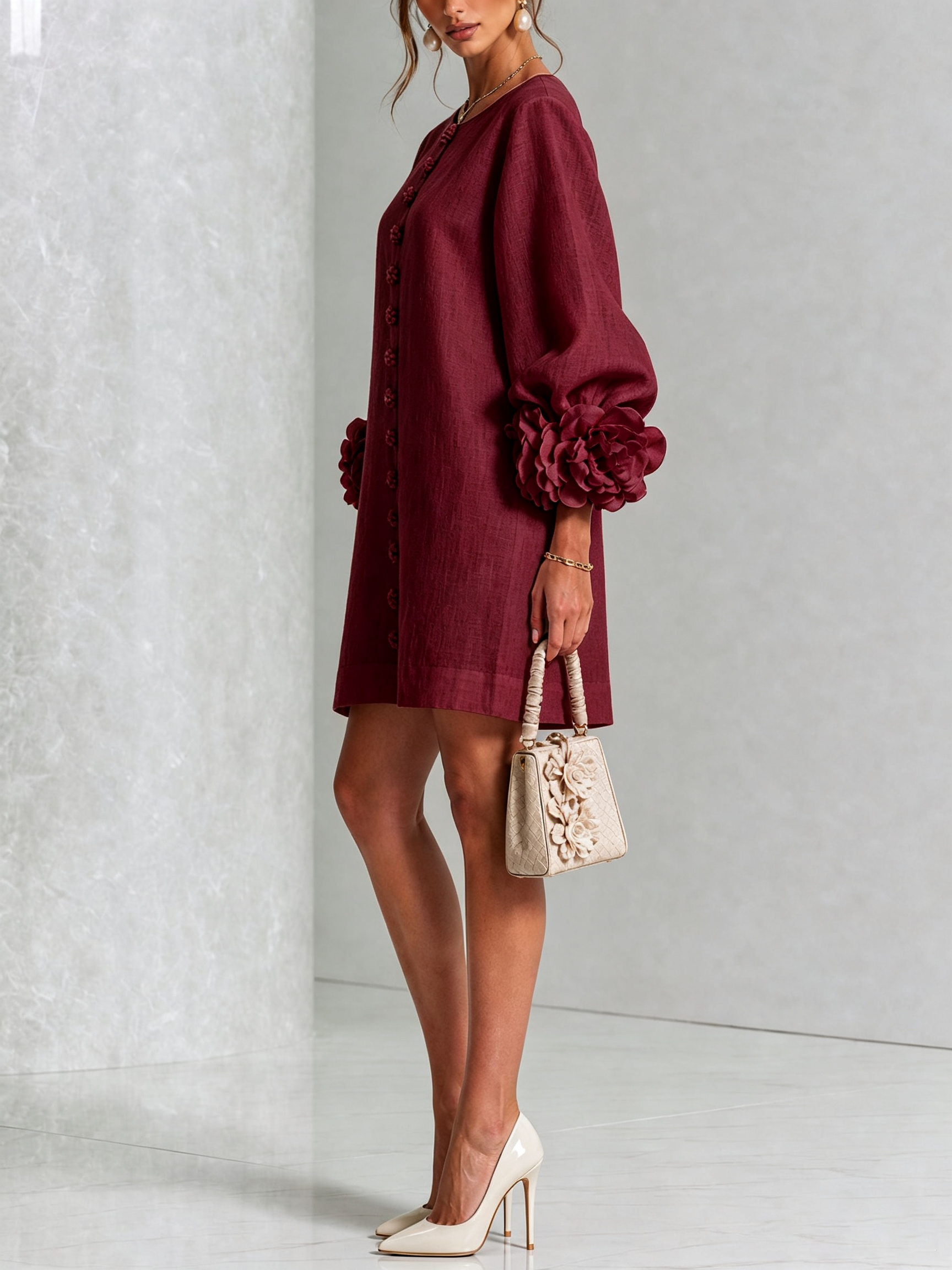 Camilla | Mini Abito in Misto Lino con Polsini a Rosa, Bianco