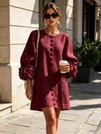 Camilla | Mini Abito in Misto Lino con Polsini a Rosa, Bianco