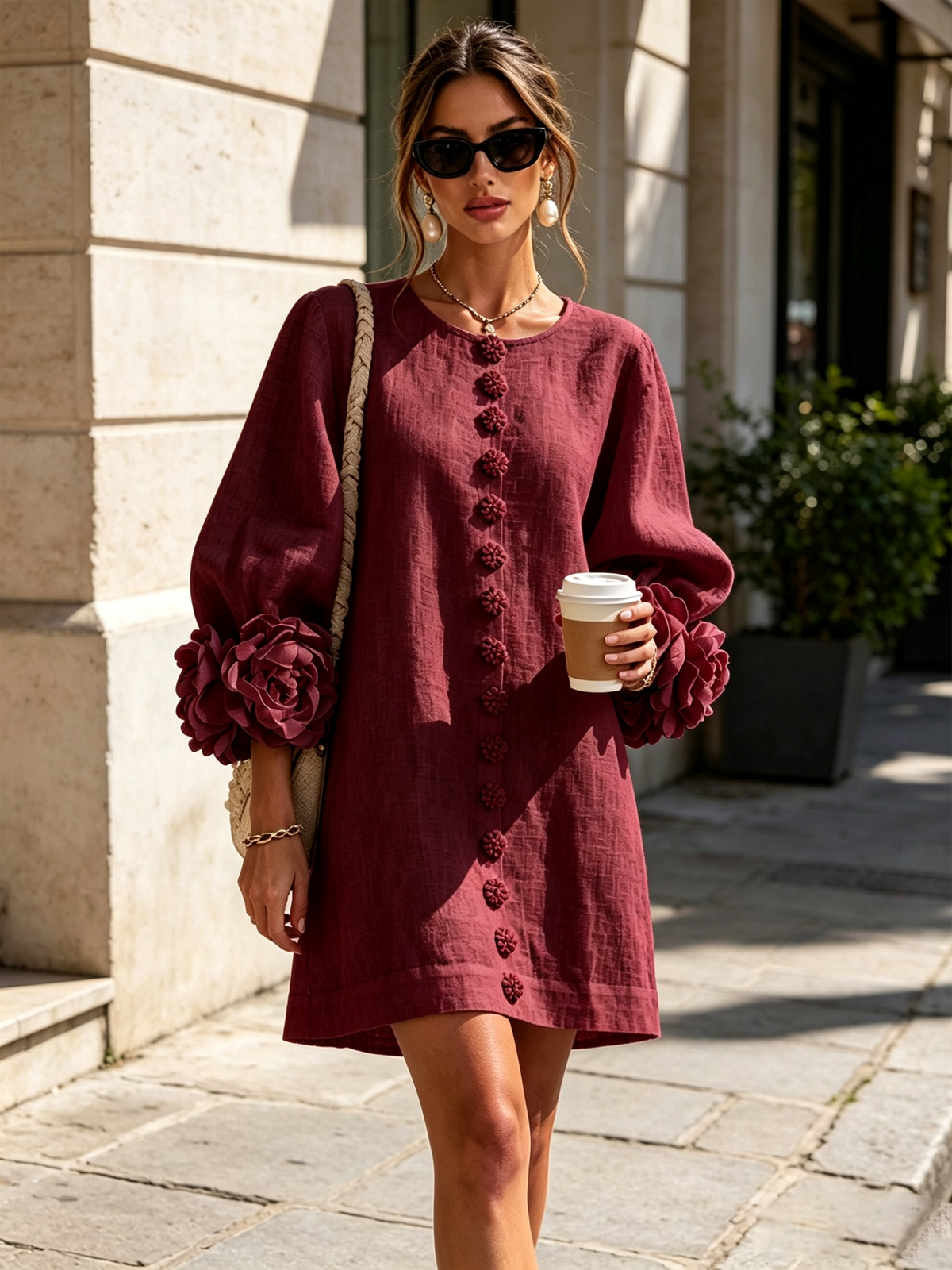 Camilla | Mini Abito in Misto Lino con Polsini a Rosa, Bianco
