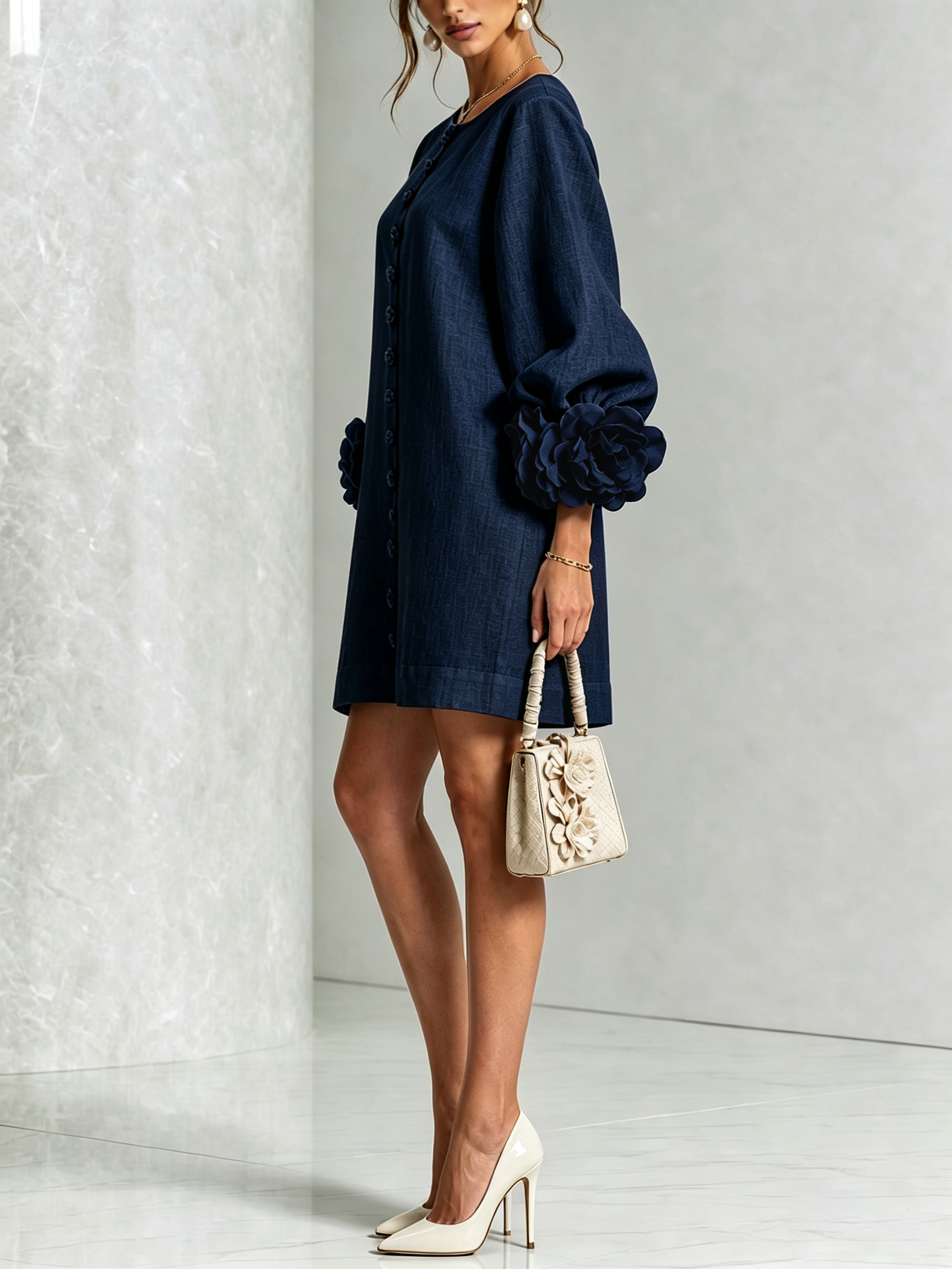 Camilla | Mini Abito in Misto Lino con Polsini a Rosa, Bianco